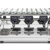 This image is a front view of the Rancilio Classe 7 3 group espresso machine in Ice White, with tall/raised brew group height and USB volumetric dosing controls.
